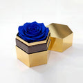 Single Royal Blue Preserved Rose in Gold Mirror Hexagon Gift Box