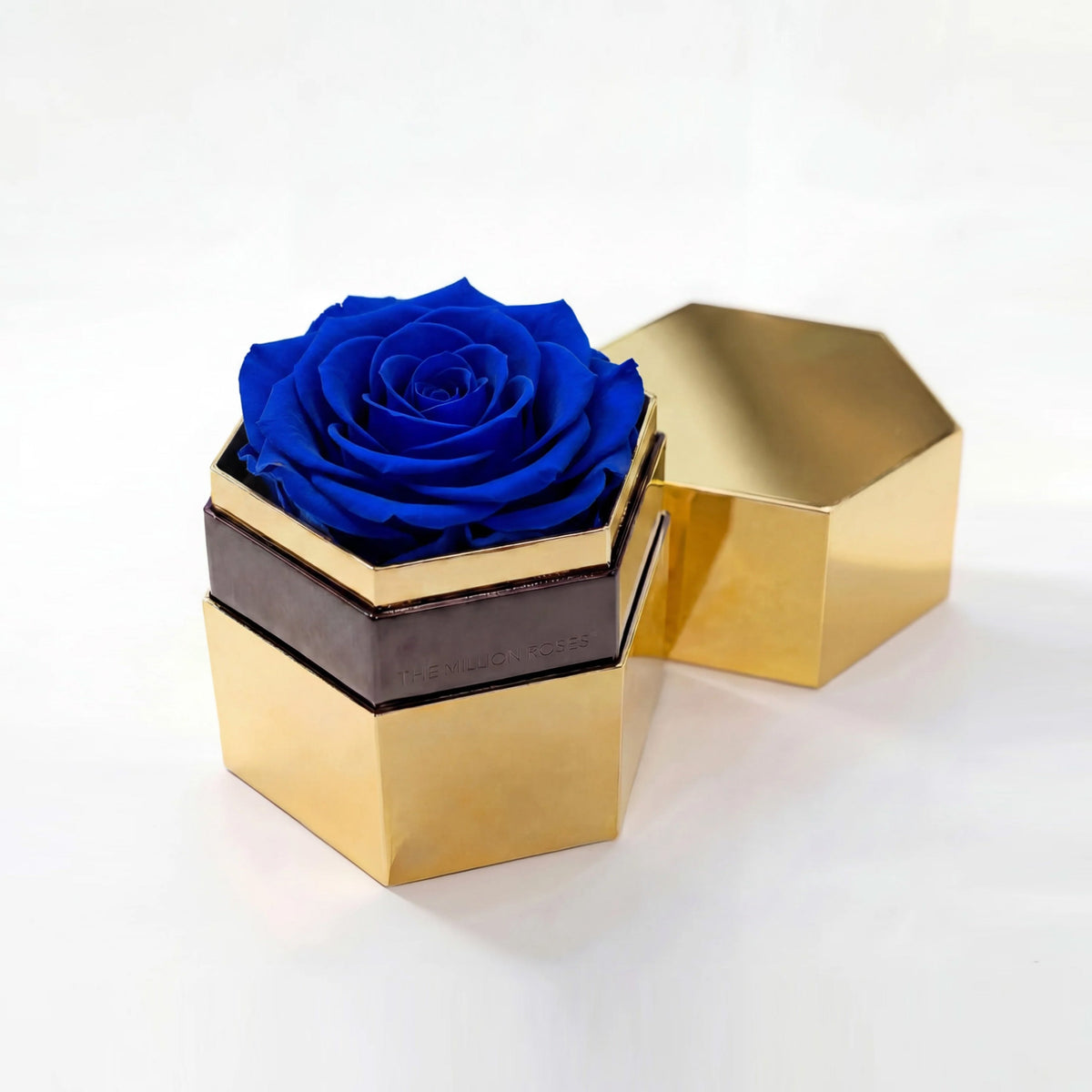 Single Royal Blue Preserved Rose in Gold Mirror Hexagon Gift Box