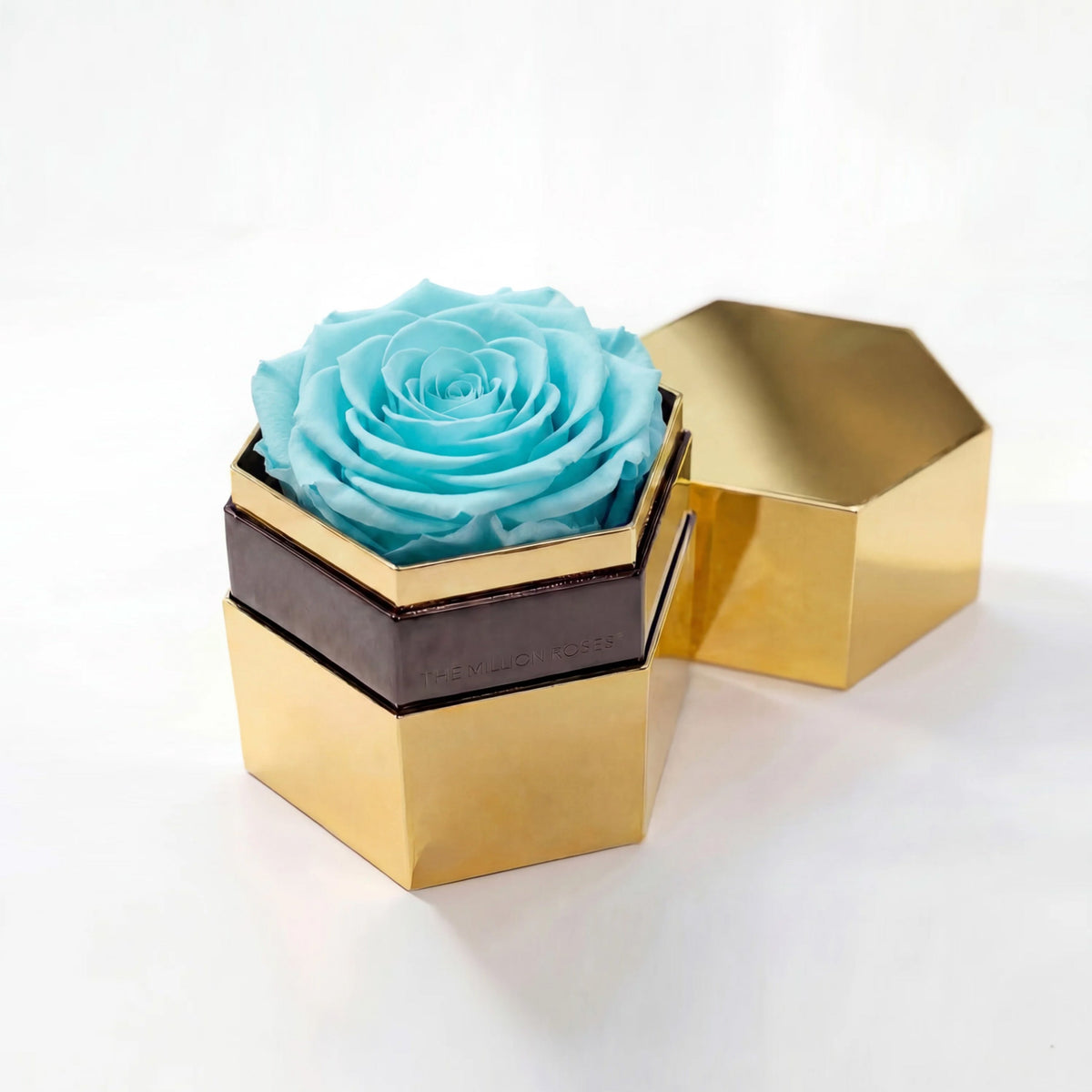 Single Turquoise Preserved Rose in Gold Mirror Hexagon Gift Box
