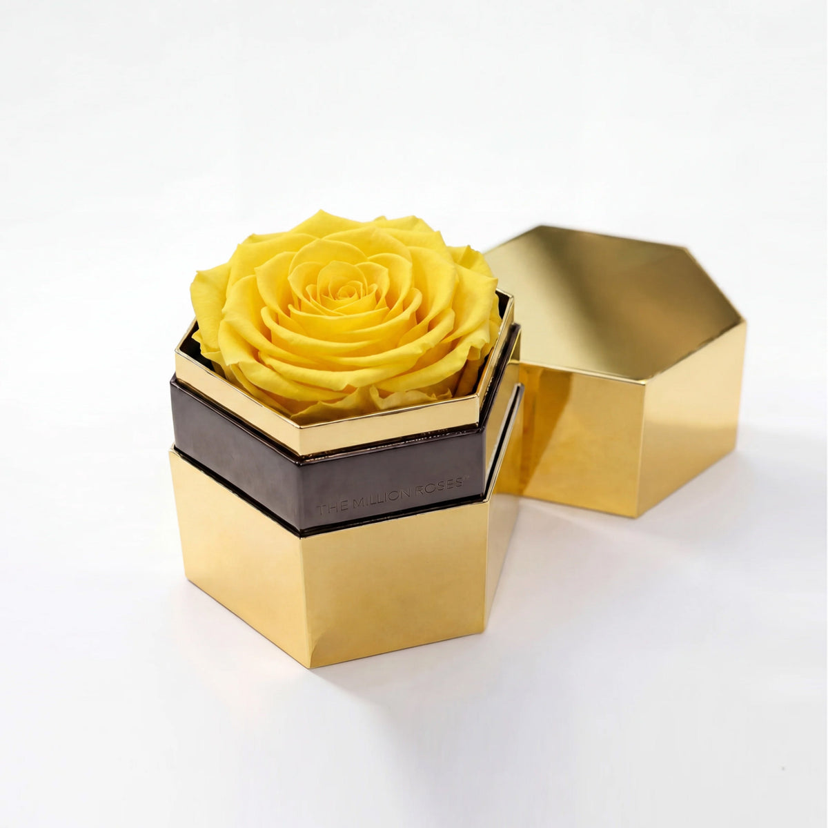 Single Yellow Preserved Rose in Gold Mirror Hexagon Gift Box