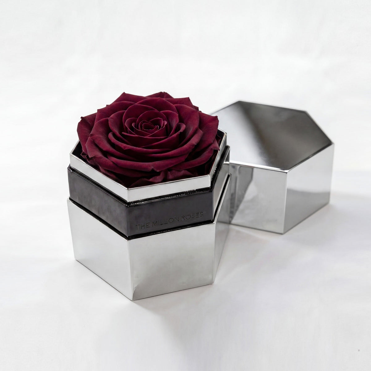 Single Burgundy Preserved Rose in Silver Mirror Hexagon Gift Box
