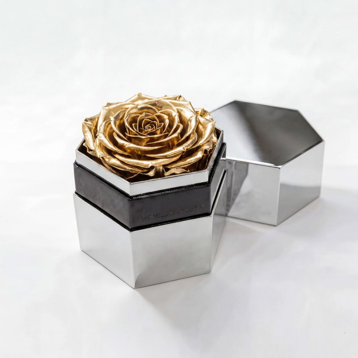 Single Gold Preserved Rose in Silver Mirror Hexagon Gift Box