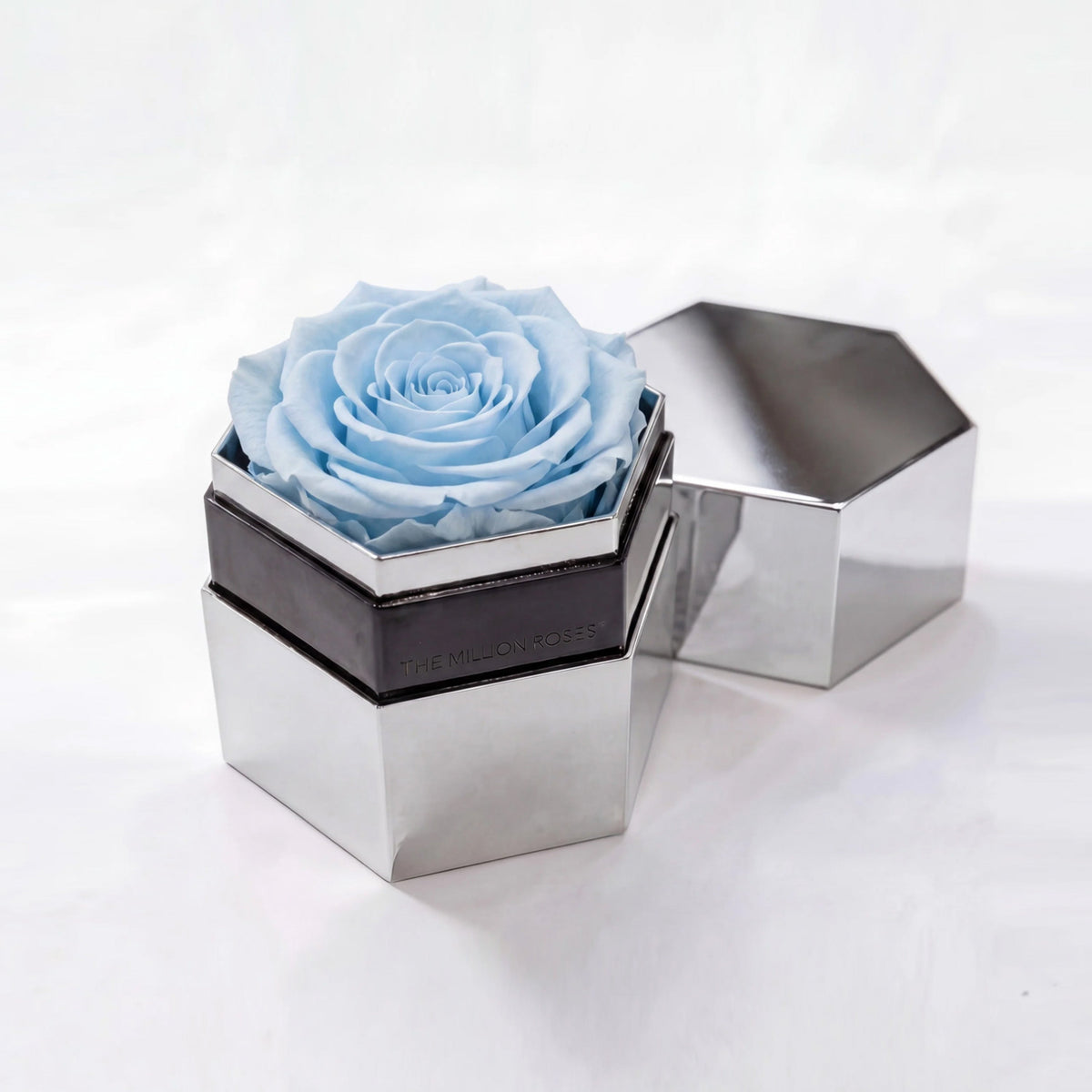 Single Light Blue Preserved Rose in Silver Mirror Hexagon Gift Box