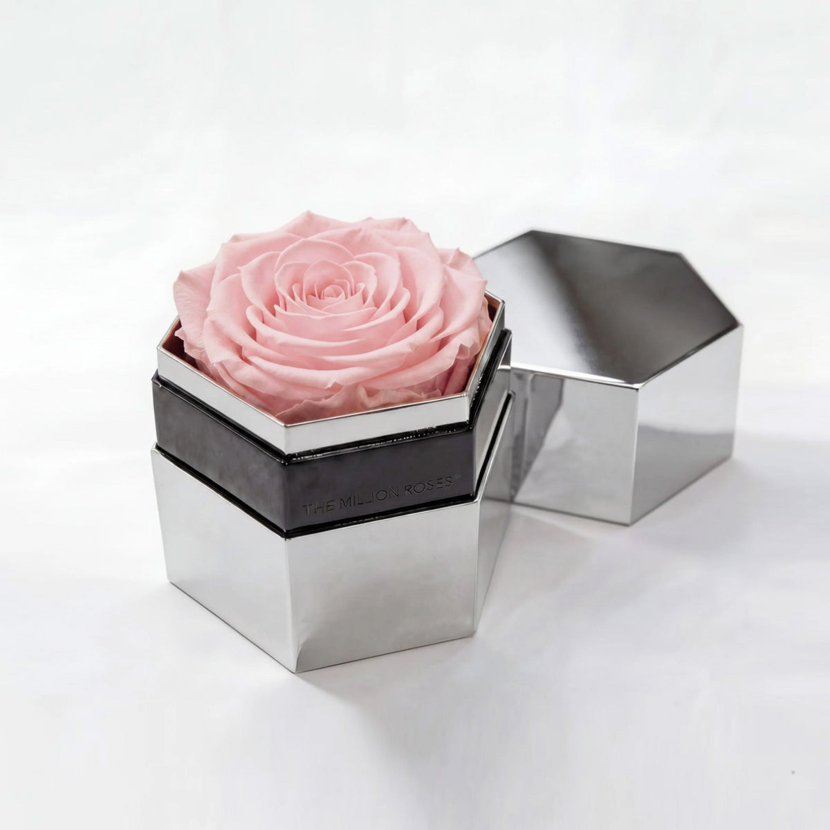 Single Pink Preserved Rose in Silver Mirror Hexagon Gift Box