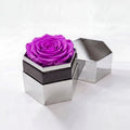 Single Purple Preserved Rose in Silver Mirror Hexagon Gift Box