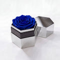 Single Royal Blue Preserved Rose in Silver Mirror Hexagon Gift Box