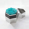 Single Turquoise Preserved Rose in Silver Mirror Hexagon Gift Box