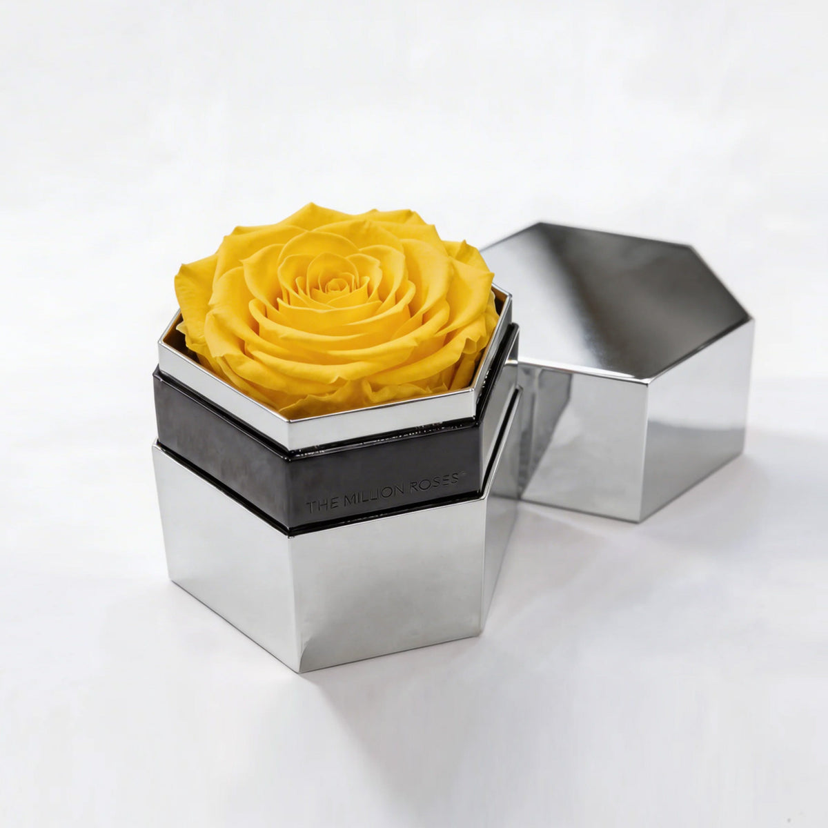 Single Yellow Preserved Rose in Silver Mirror Hexagon Gift Box