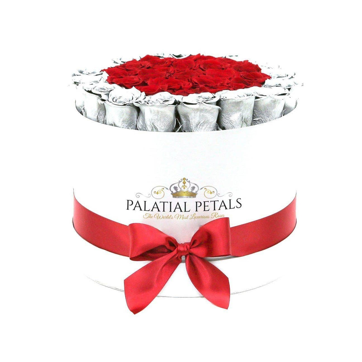 Large Metallic Silver & Red Preserved Roses in Round Gift Box