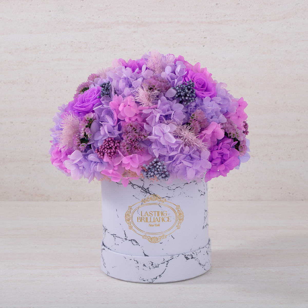 Lilac Preserved Hydrangeas & Roses in Marble Round Gift Box