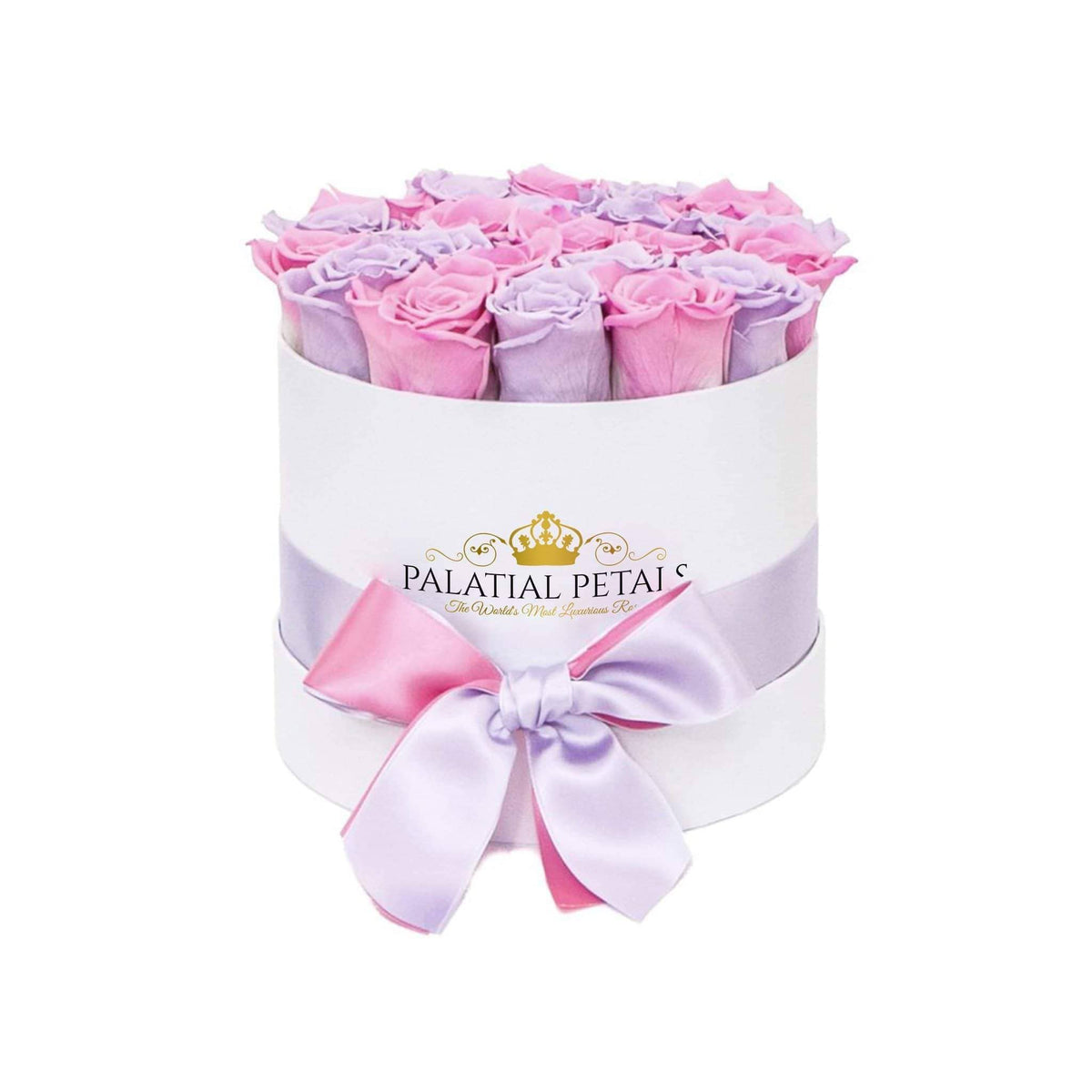 Sweet Lavender & Candy Pink Preserved Roses in Round Gift Box