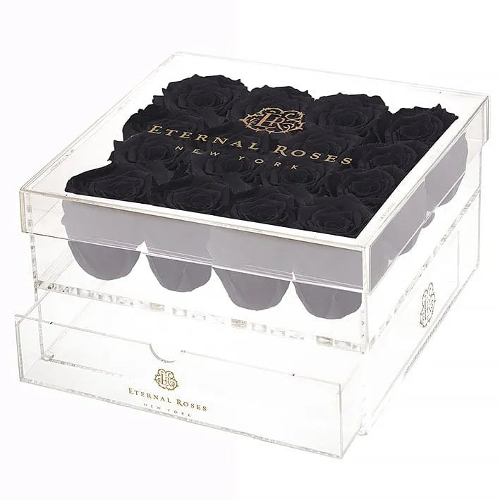 16 Midnight & Black Preserved Roses in Acrylic Jewelry Box