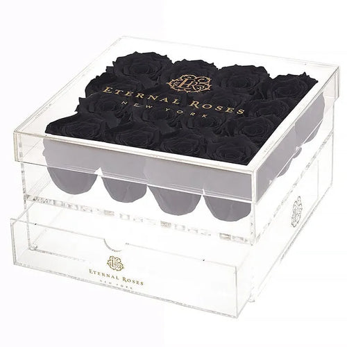 16 Midnight & Black Preserved Roses in Acrylic Jewelry Box