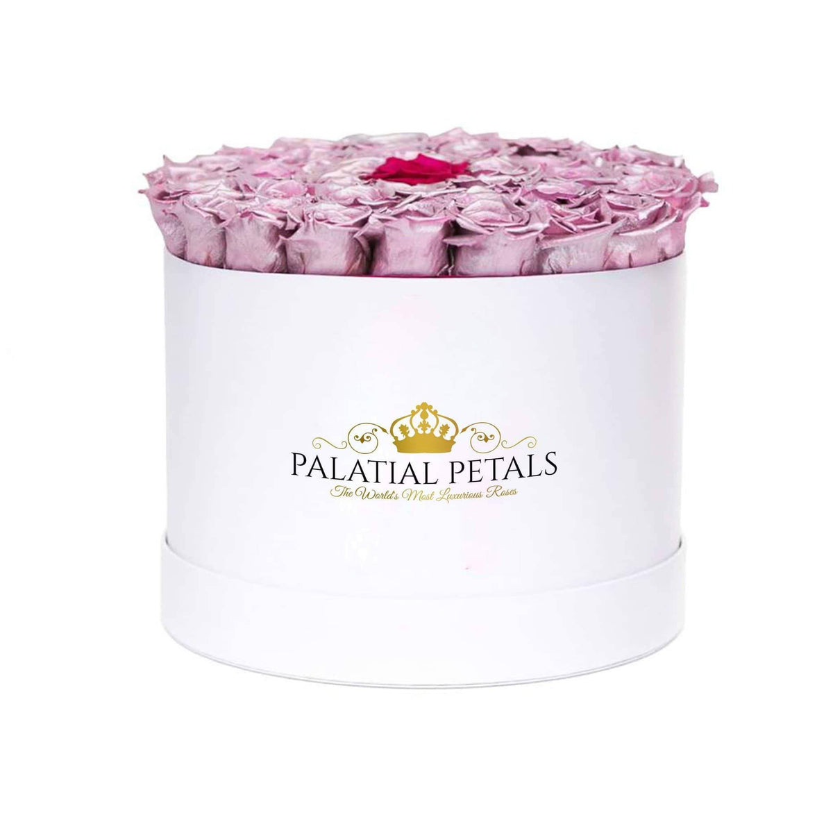 Grand Metallic Pink Preserved Roses in Round Gift Box