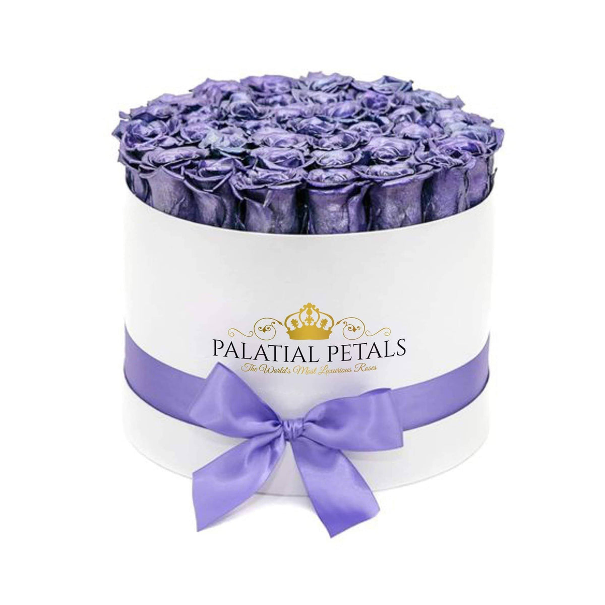 Large Metallic Purple Preserved Roses in Round Gift Box – Style 2