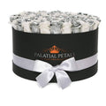 Metallic Silver & White Preserved Roses in Round Gift Box