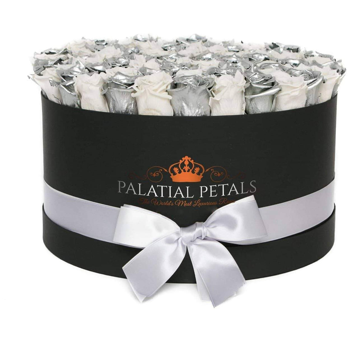 Metallic Silver & White Preserved Roses in Round Gift Box