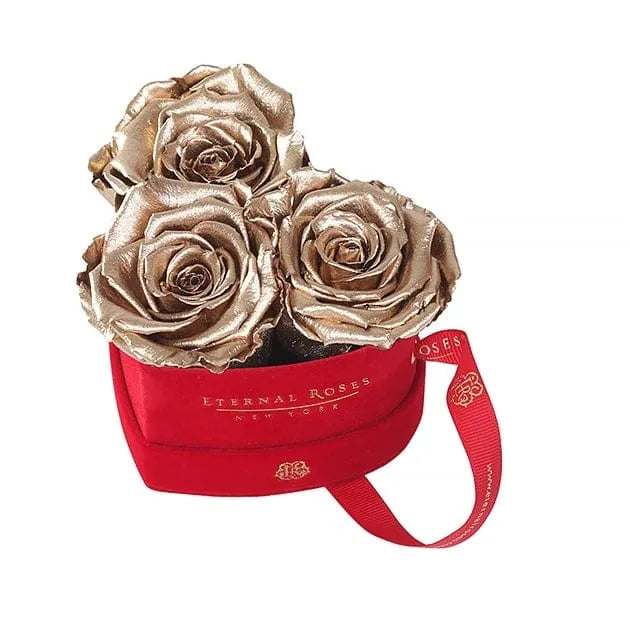Mini Gold Preserved Roses in Velvet Heart Gift Box