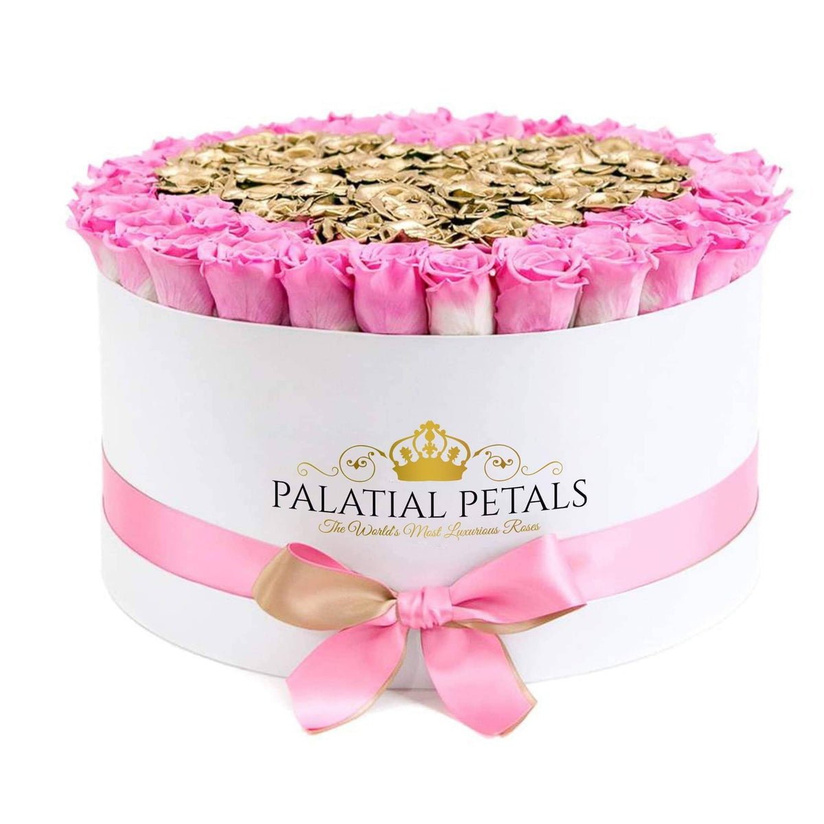 Candy Pink & 24K Gold Preserved Roses in Round Gift Box