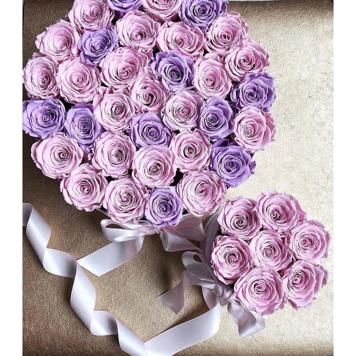 Bridal Pink & Sweet Lavender Preserved Roses in Round Gift Box