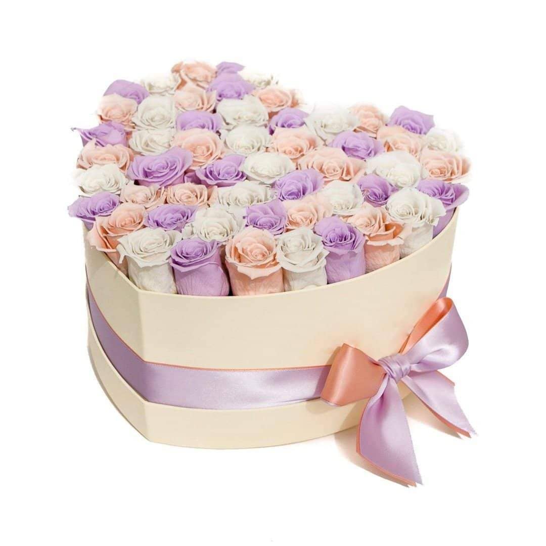 White & Peach Preserved Roses in Heart Gift Box