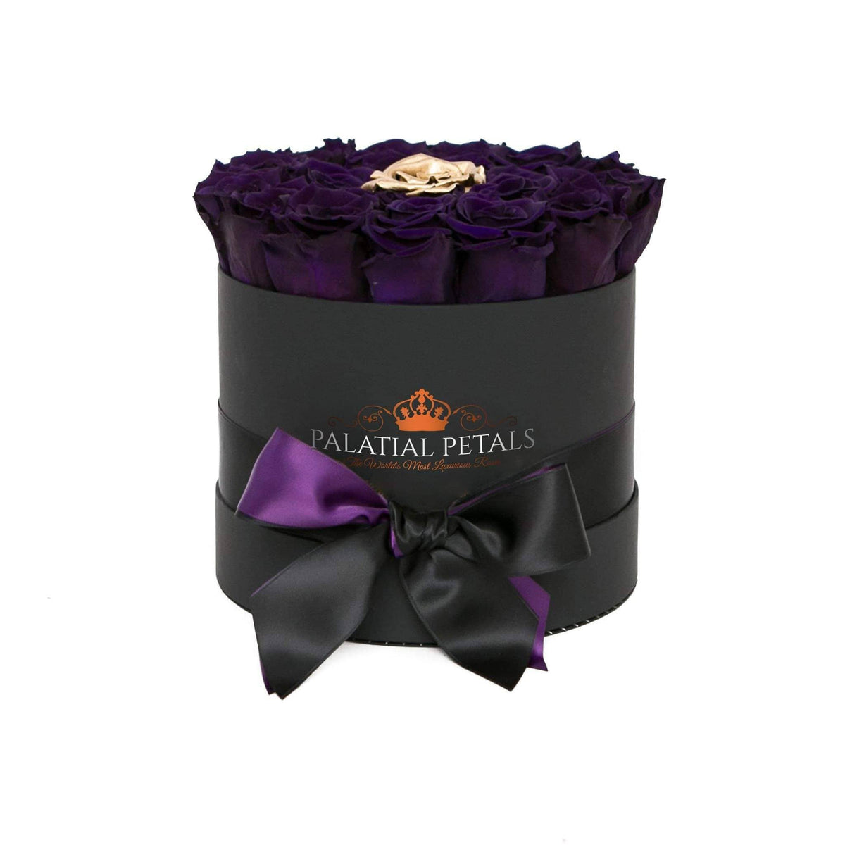 Majestic Purple & 24K Gold Preserved Roses in Round Gift Box