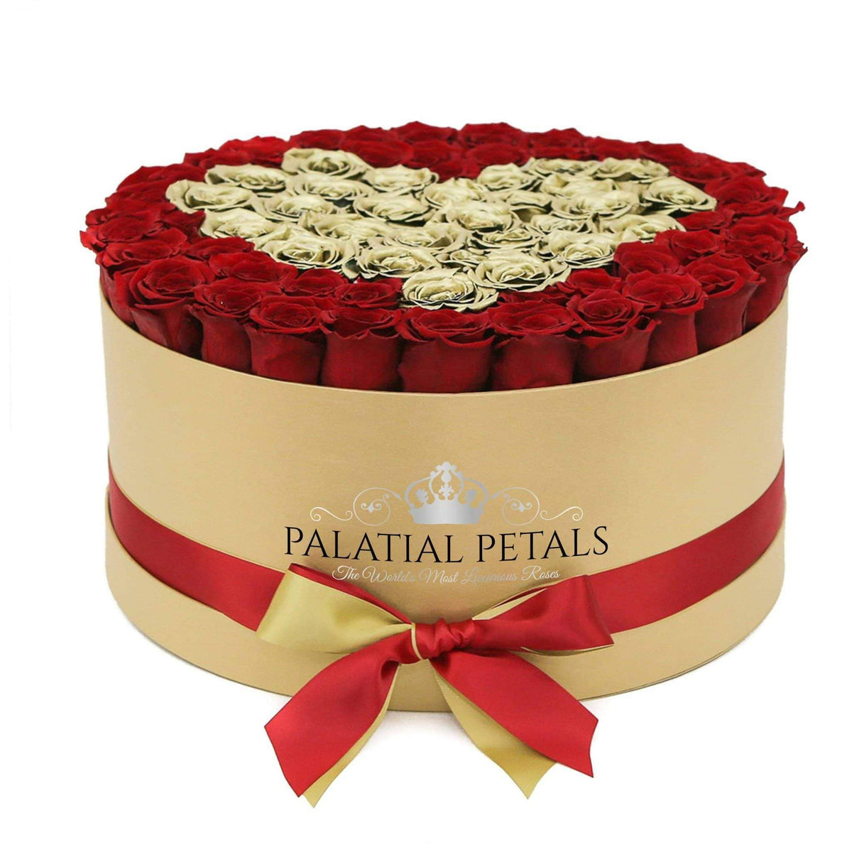 Red & 24K Gold Preserved Roses in Deluxe Round Gift Box – Style 2