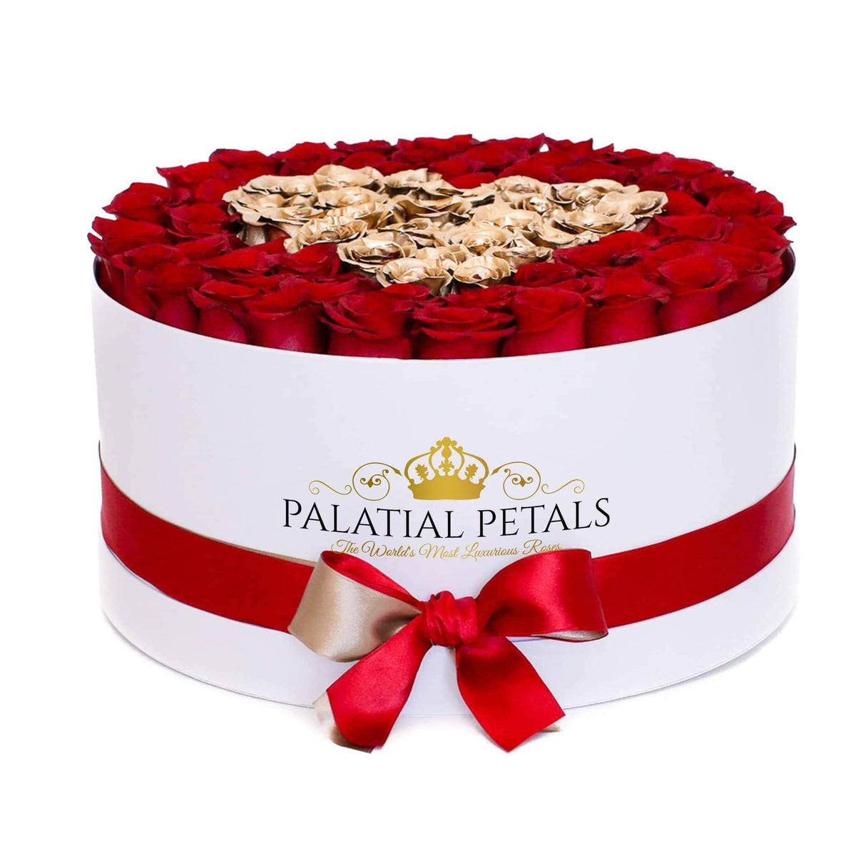 Red & 24K Gold Preserved Roses in Deluxe Round Gift Box – Style 3