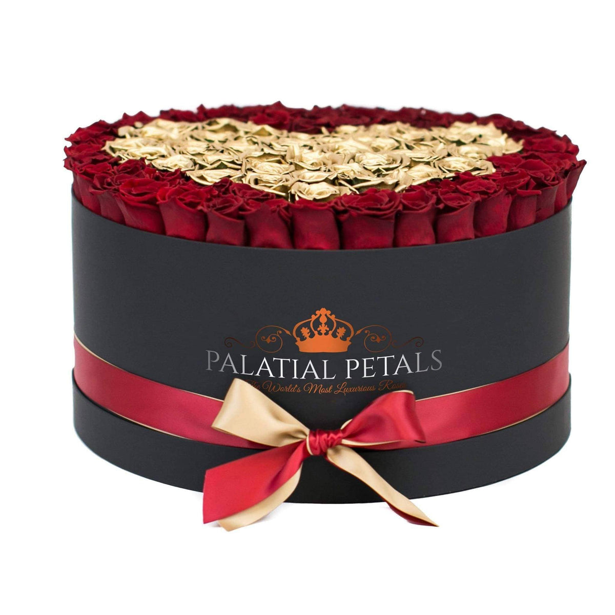 Red & 24K Gold Preserved Roses in Deluxe Round Gift Box – Style 5