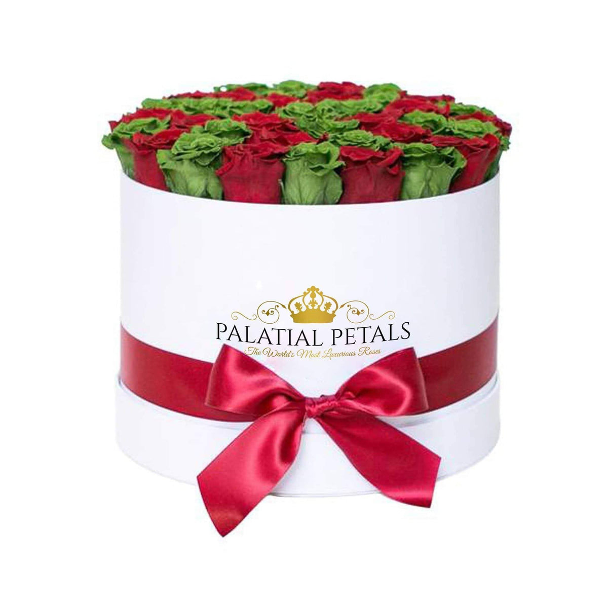 Large Red & Emerald Green Preserved Roses in Round Gift Box
