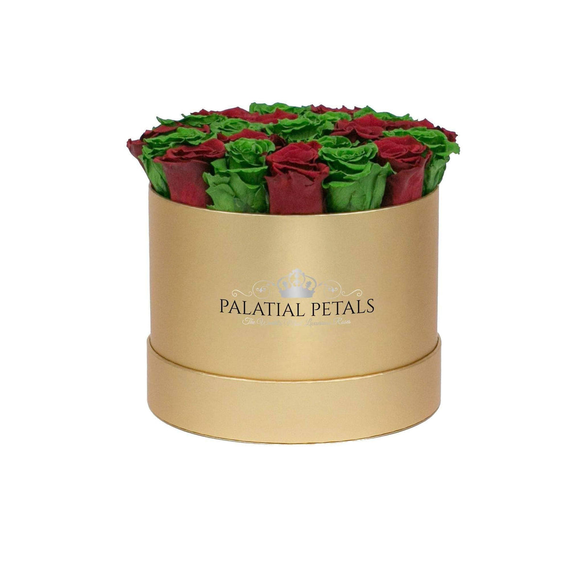 Red & Emerald Green Preserved Roses in Round Gift Box