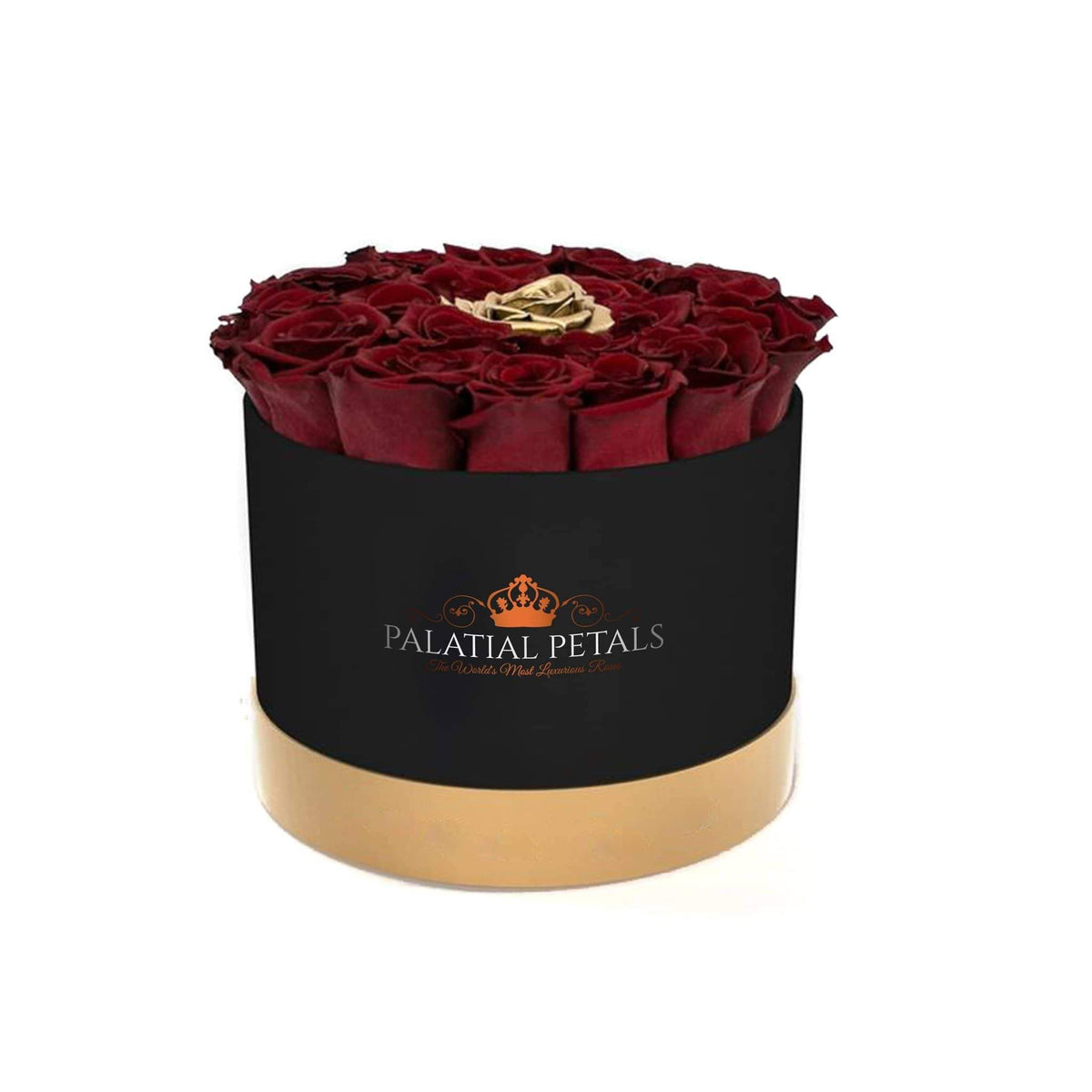 Red Wine & 24K Gold Preserved Roses in Round Gift Box