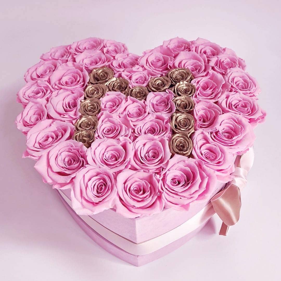 Candy Pink & 24K Gold Preserved Roses in Heart Gift Box