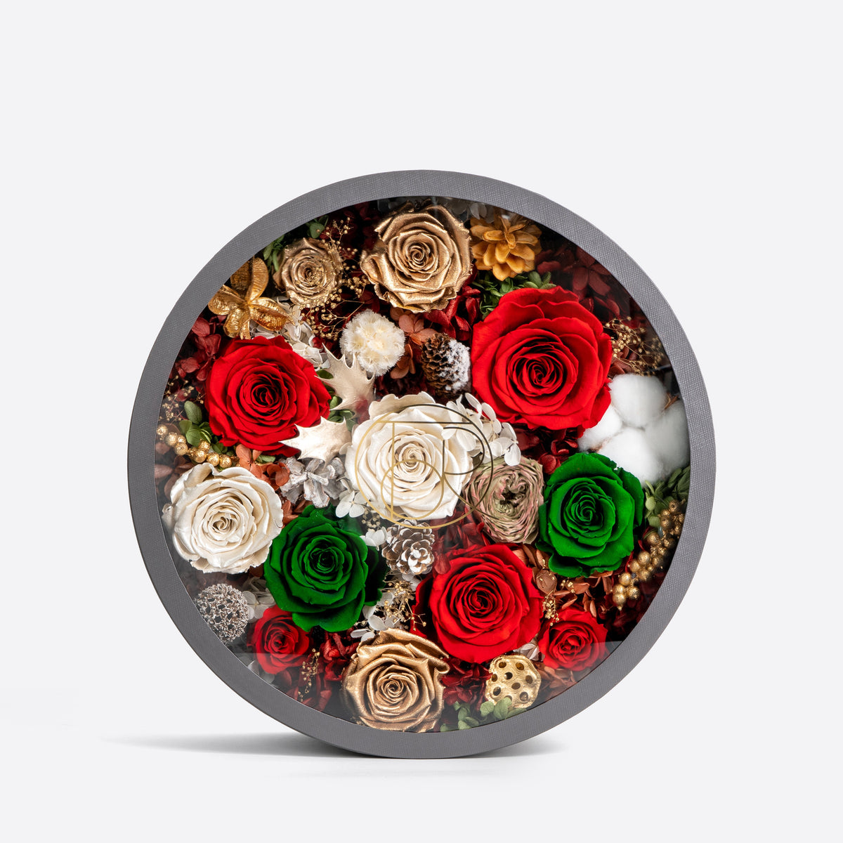 Large Gray Dried Mixed Flowers in Round Shadow Box