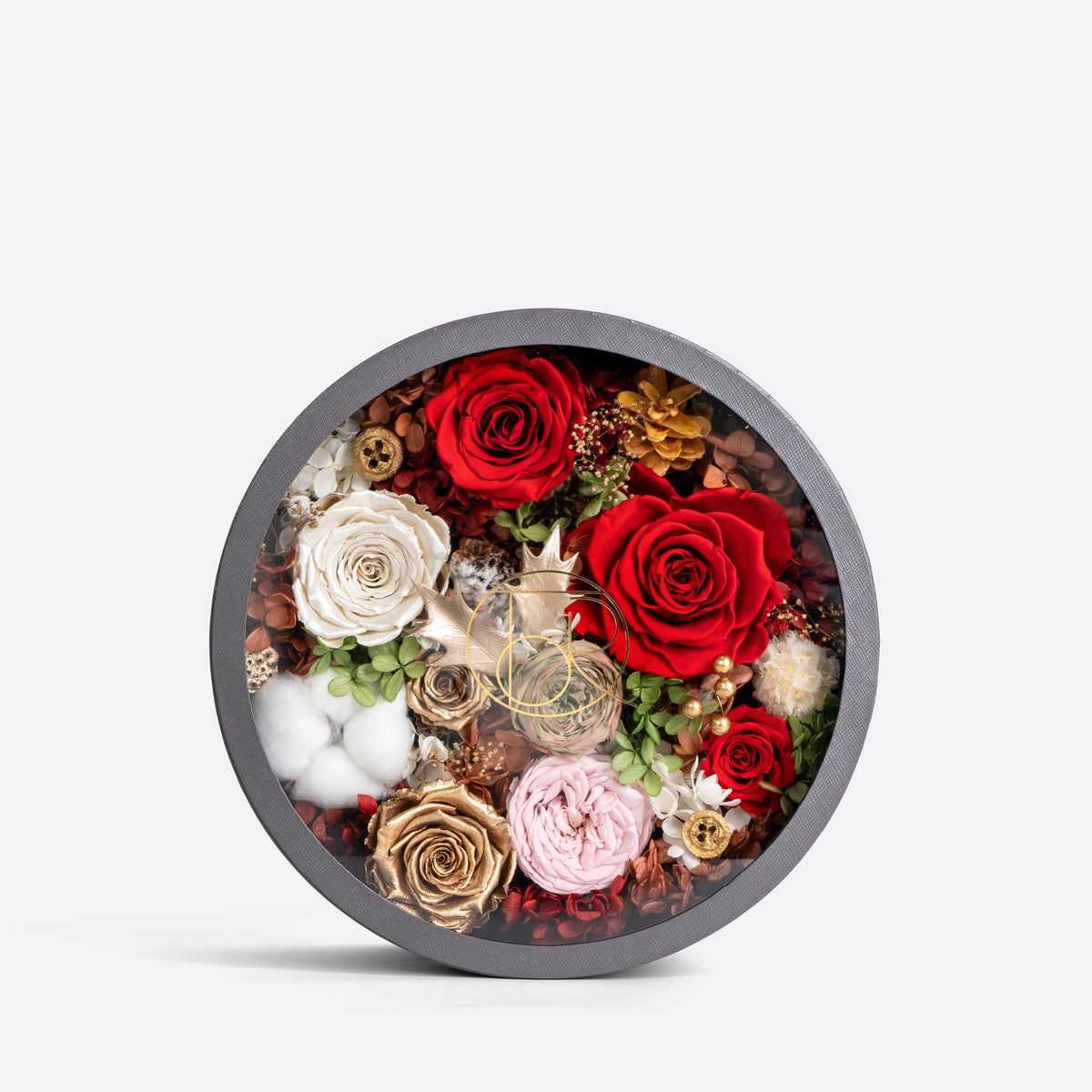 Medium Gray Dried Mixed Flowers in Round Shadow Box