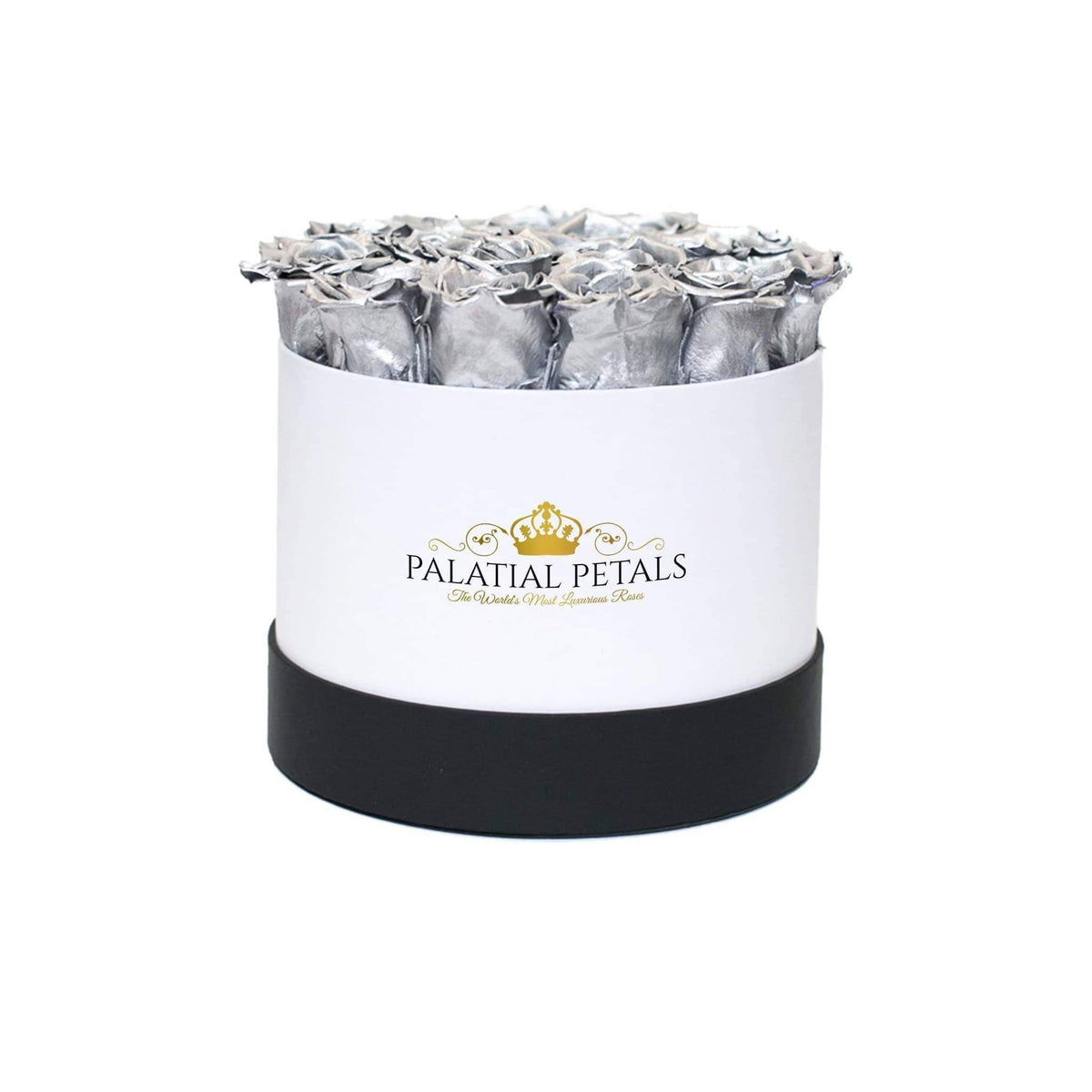 Metallic Silver Preserved Roses in Round Gift Box