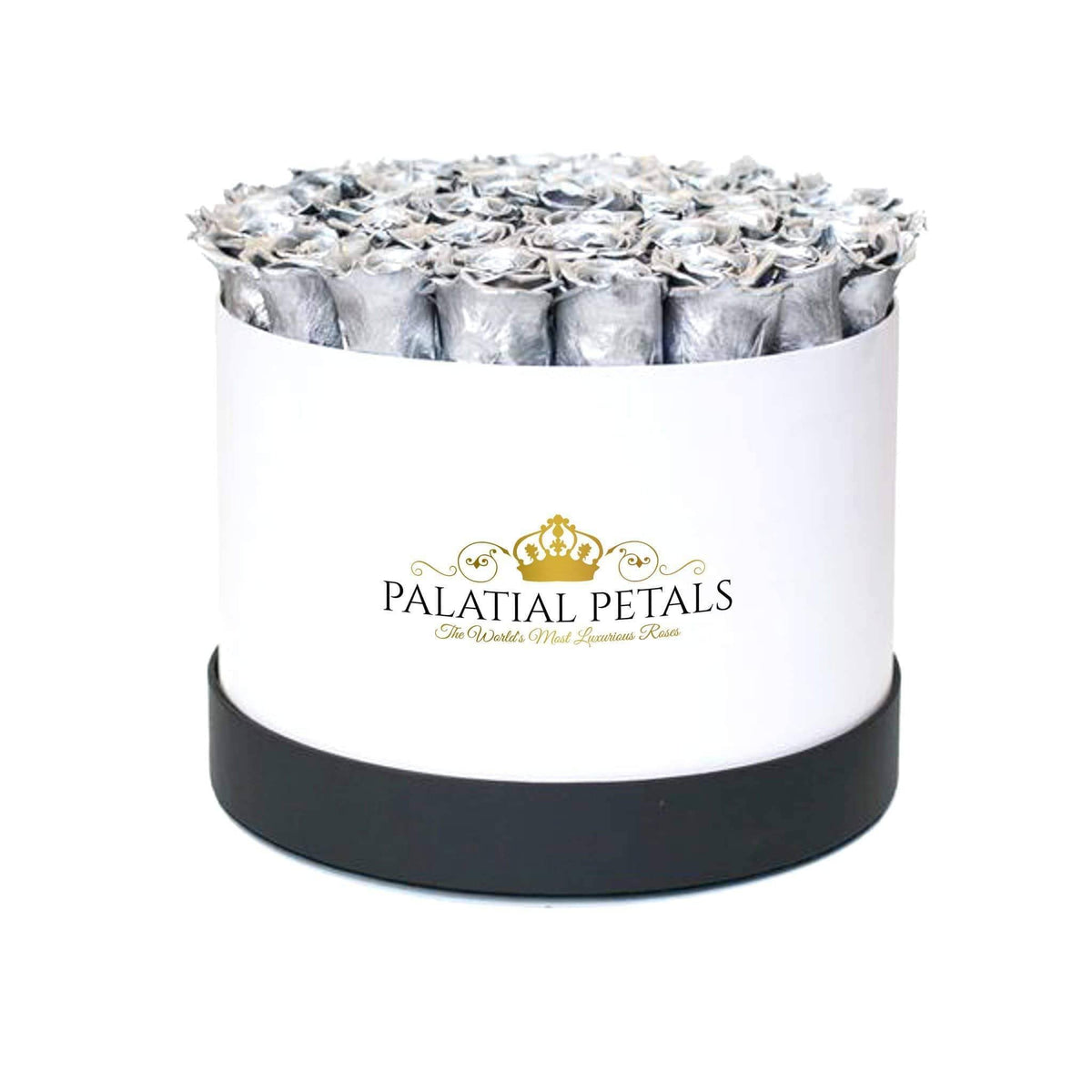 Large Metallic Silver Preserved Roses in Round Gift Box