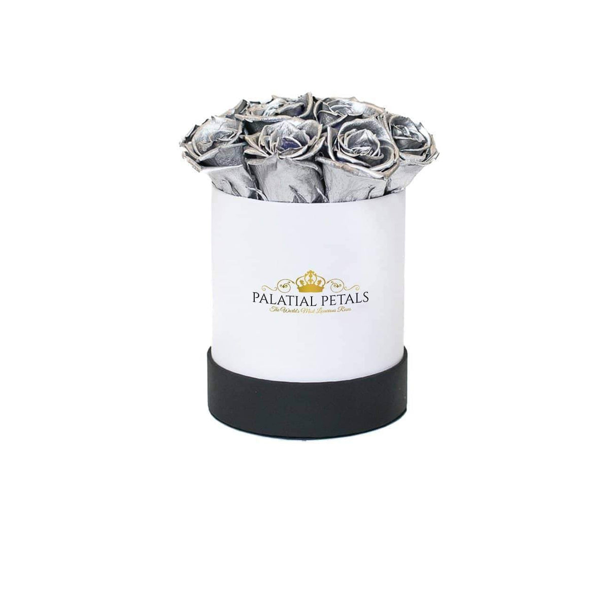 Mini Metallic Silver Preserved Roses in Round Gift Box
