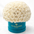 120-130 White Preserved Roses in Green Suede Dome Box