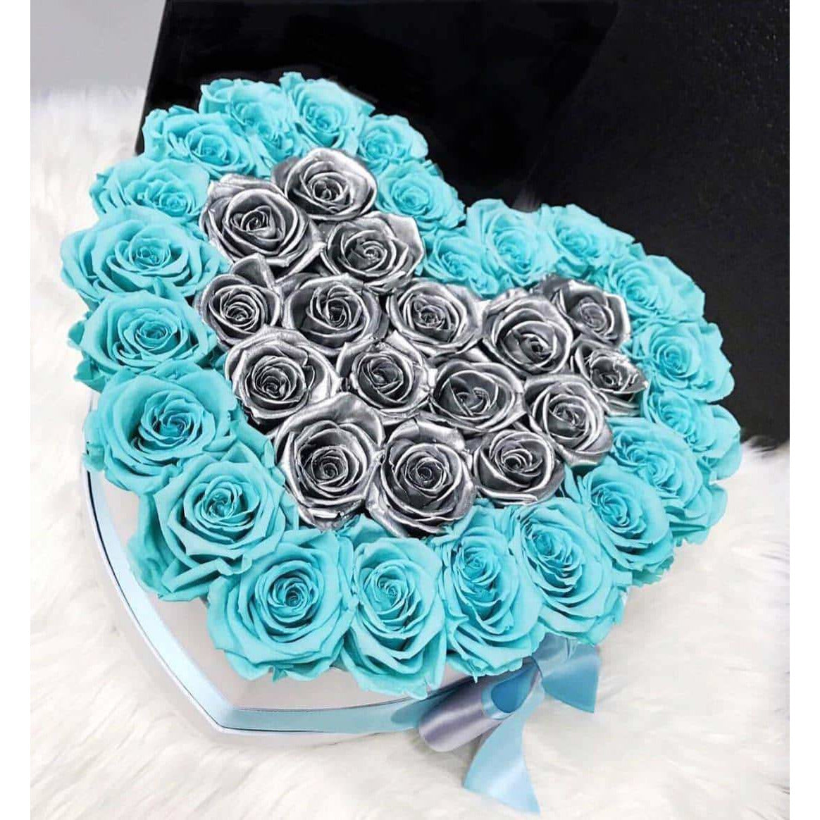 Blue & Metallic Silver Preserved Roses in Heart Gift Box