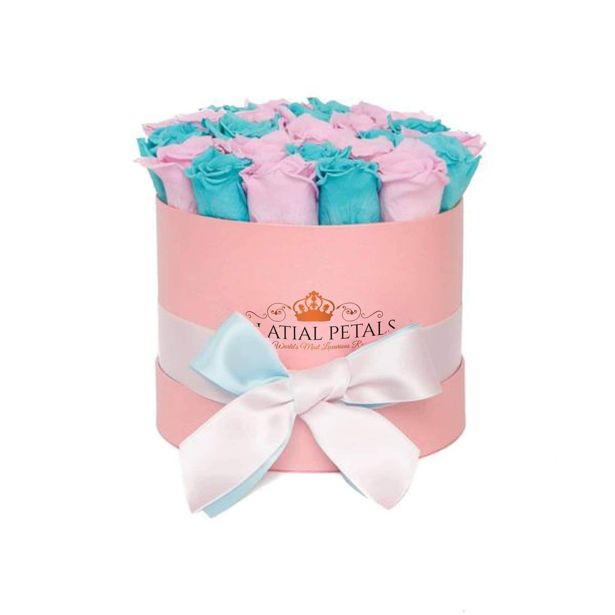 Blue & Bridal Pink Preserved Roses in Round Gift Box