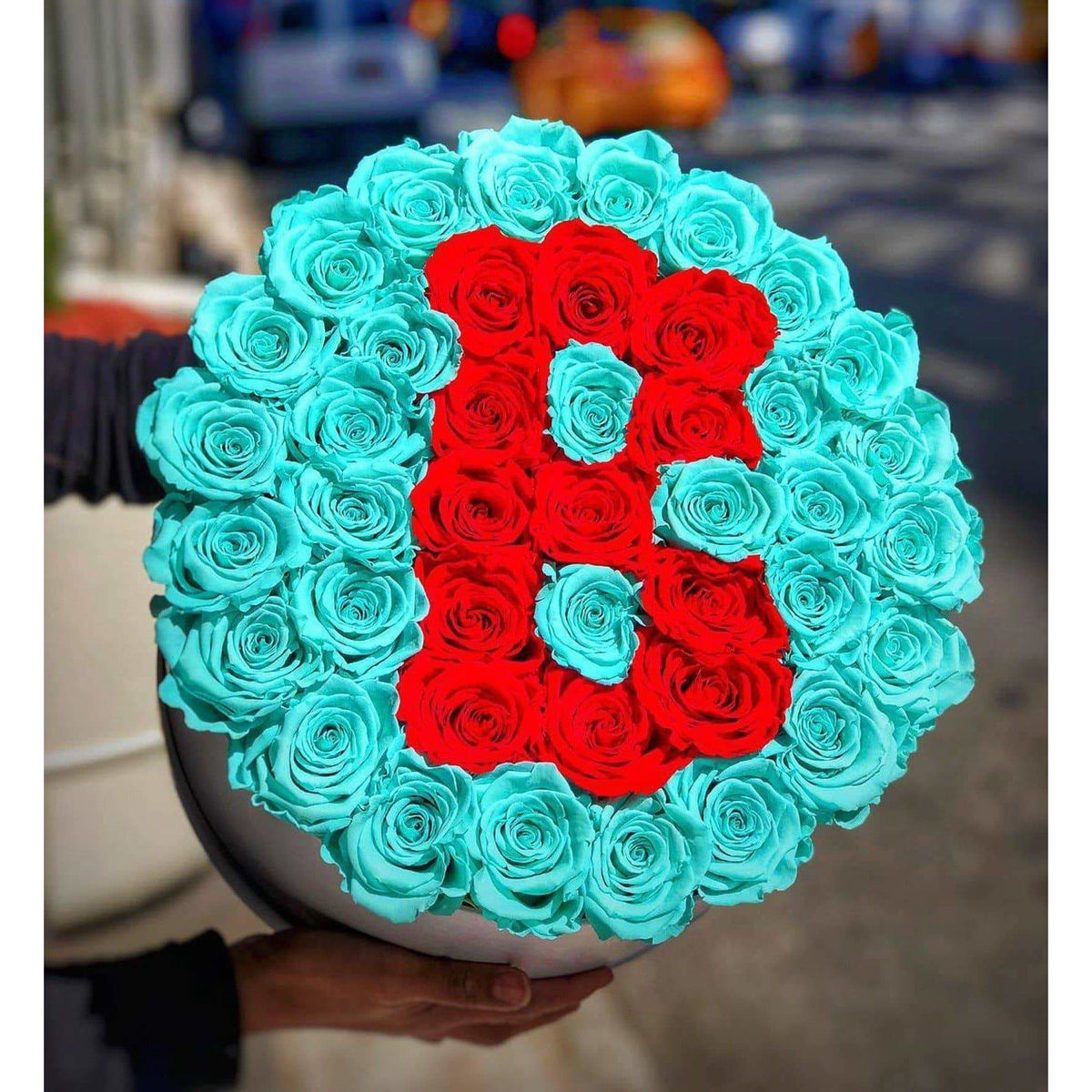 Blue & Bright Red Preserved Roses in Round Gift Box
