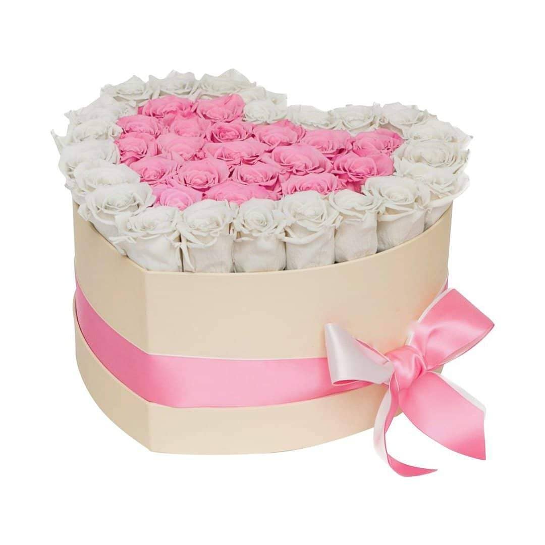 Pink & White Preserved Roses in Velvet Heart Gift Box
