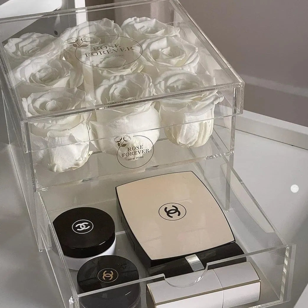 9 White Preserved Roses in Acrylic Square Jewelry Box
