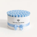 White & Blue Preserved Roses in Round Gift Box