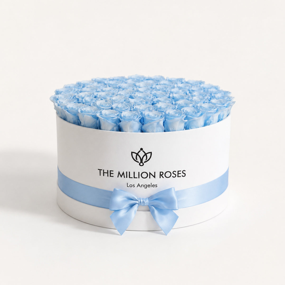 White & Blue Preserved Roses in Round Gift Box