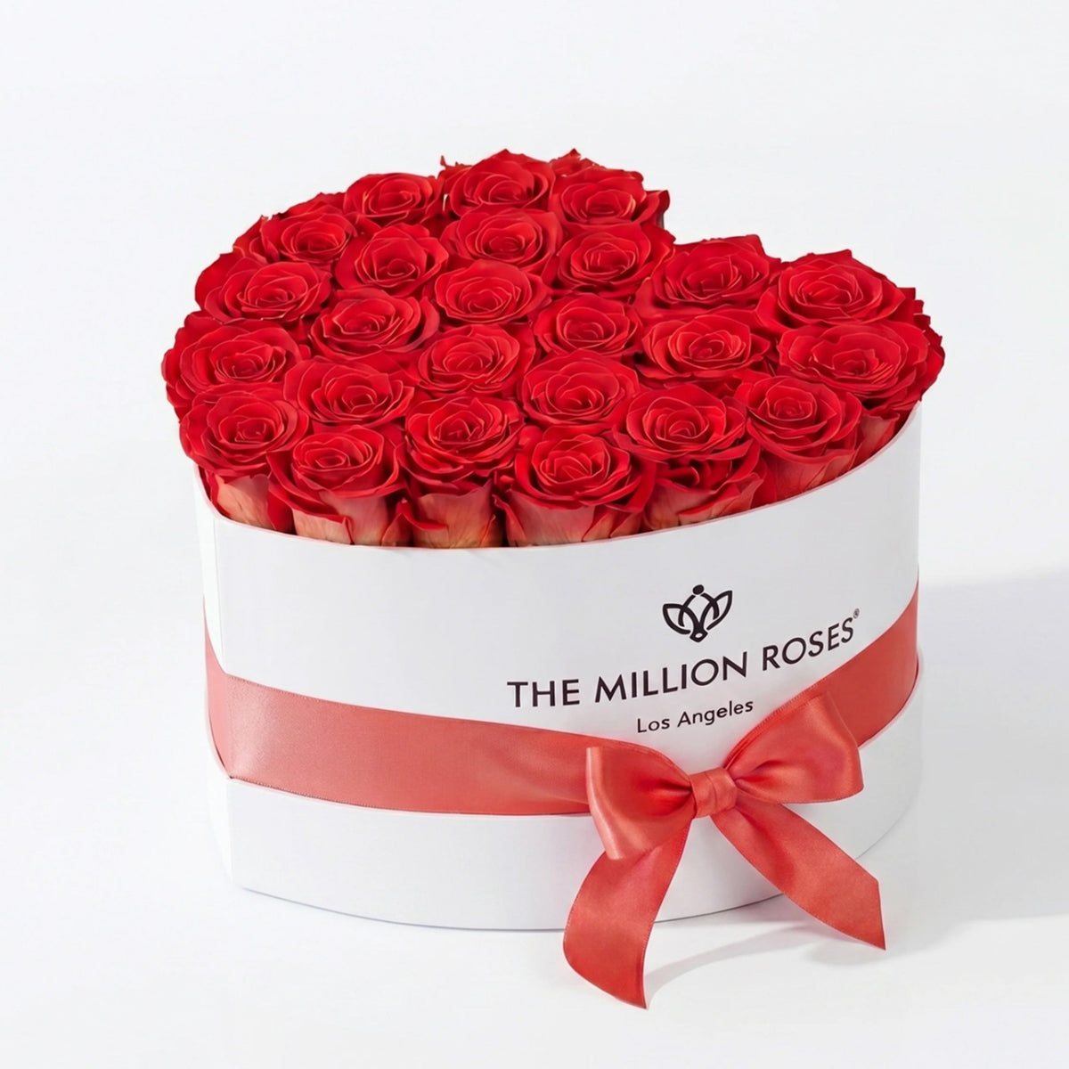 28-30 Coral Preserved Roses in White Heart Gift Box