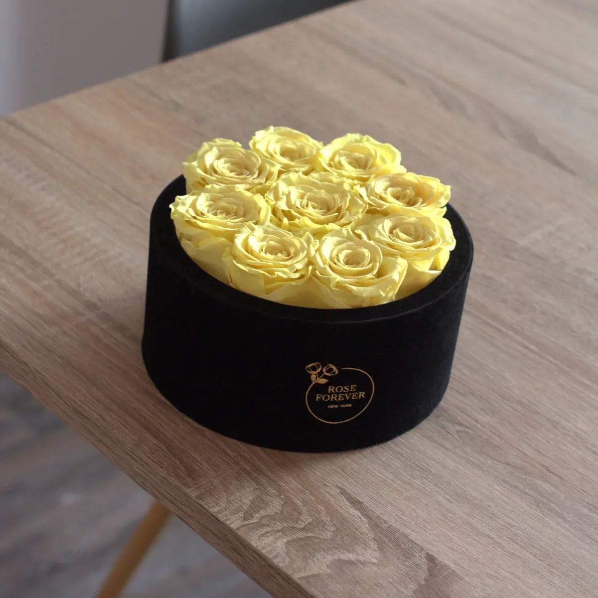 9 Yellow Preserved Roses in Velvet Round Gift Box